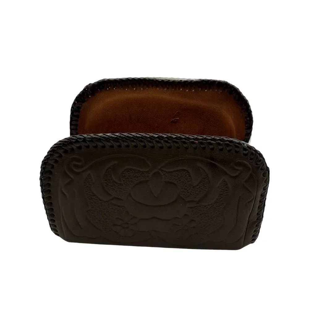 Vintage Tooled Leather Napkin Holder Brown Whipstitch Mail Letter Organizer